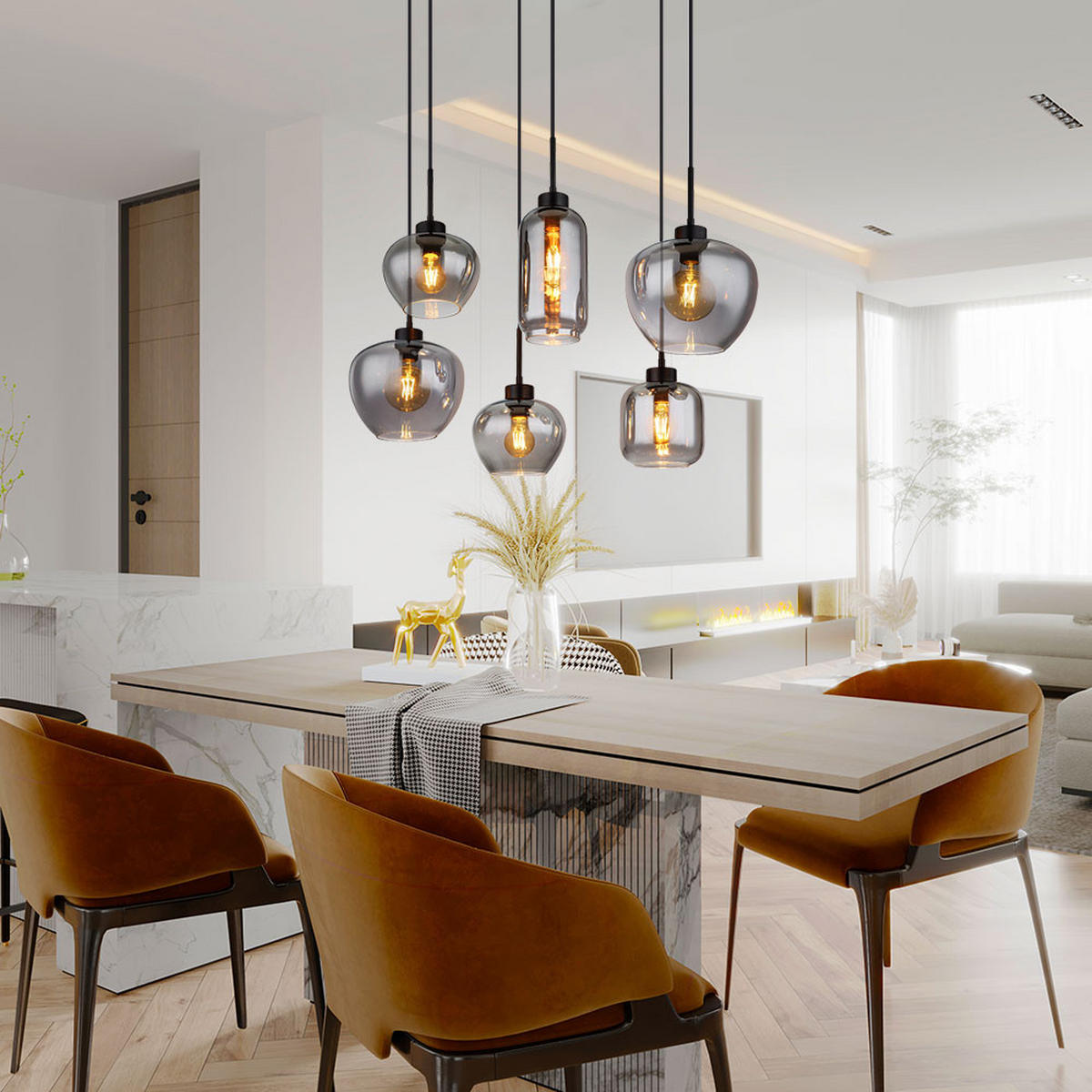 PENDELLEUCHTE Metall Glas Rauchfarbe Schwarz-matt 6-flammig - Grau, Glas (87/43/120cm) - Globo Lighting