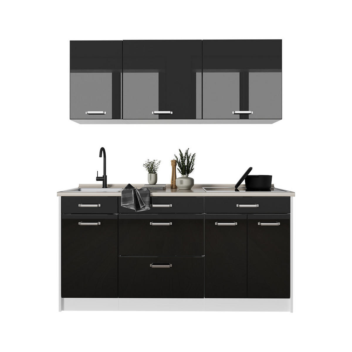 SINGLEKÜCHE R-Line, Schwarz Hochglanz/Weiß, 160 cm Arbeitsplatte Anthrazit - Schwarz Hochglanz/Weiß, Holzwerkstoff (160/81.6/60cm) - Vicco