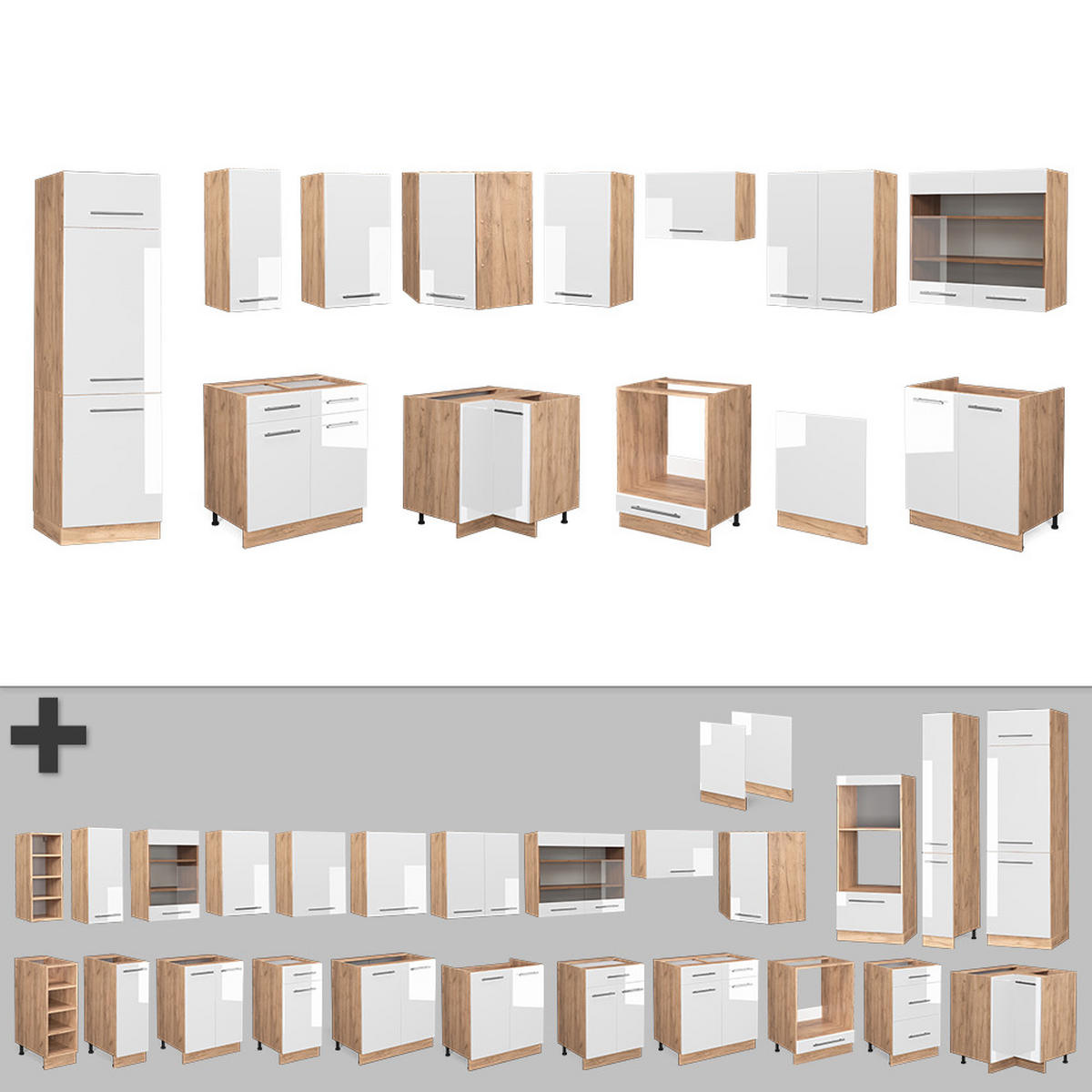 ECKKÜCHE Fame-Line Weiß Hochglanz/Goldkraft Eiche 227 x 60 cm ohne AP - Weiß Hochglanz/Eiche Wotan, Holzwerkstoff (287/81.6/46cm) - Vicco