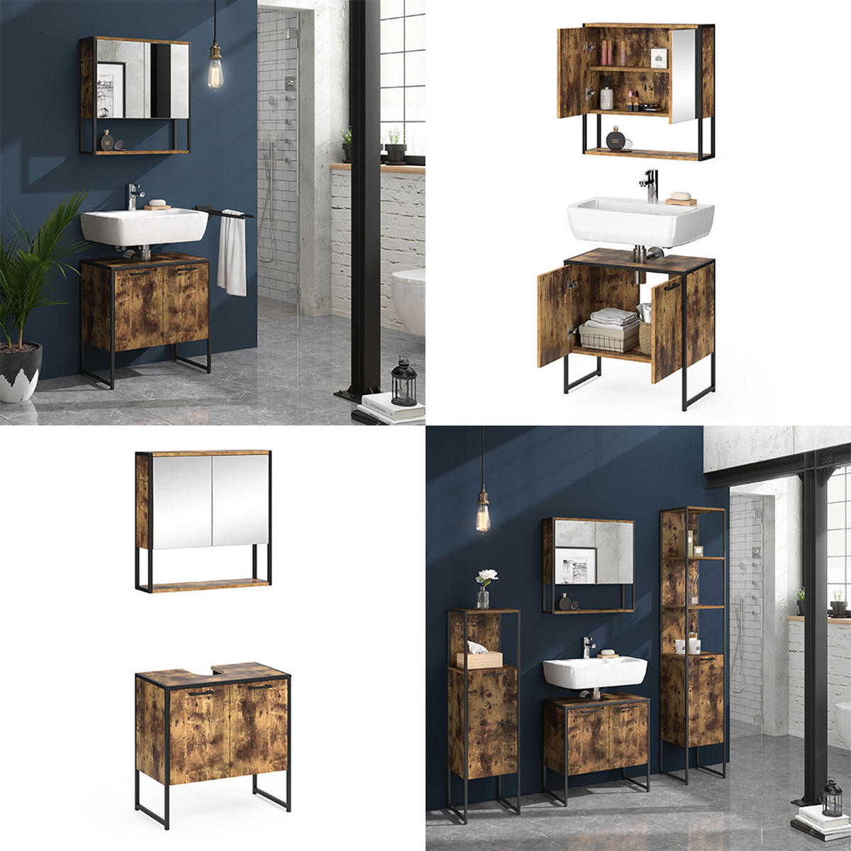 BADMÖBEL-SET Fyrk Antikholz 2 Teile, mit Spiegelschrank - Alteiche/Schwarz, Holzwerkstoff (60/60/33cm) - Vicco