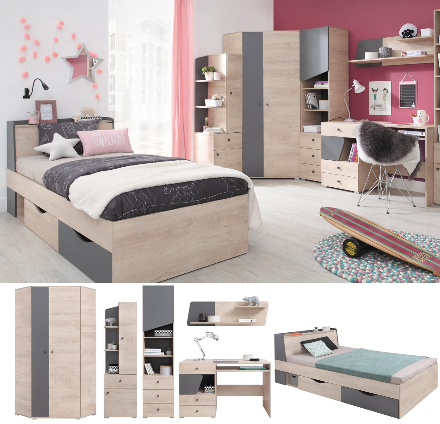JUGENDZIMMER Davis Set B mit Bett 120 x 200 - Eiche / Anthrazit - Eichefarben/Anthrazit, Holzwerkstoff (124/85/230cm) - QMM TraumMöbel