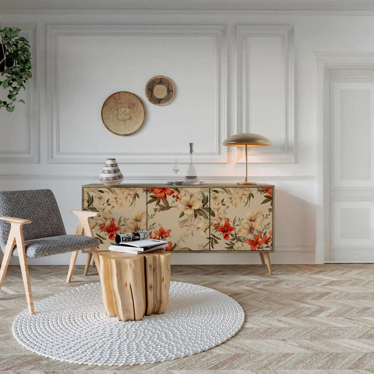 SIDEBOARD BLOOMING HARMONY, Eicheneffekt, 164,5x42x77,5 cm, 3 Türen - Eichefarben/Buchefarben, Holzwerkstoff/Buchenholz (164.5/77.5/42cm) - SpaceRebels