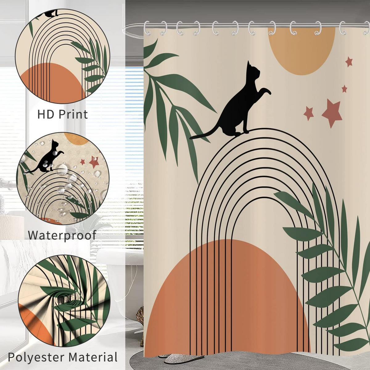 DUSCHVORHANG Boho Schwarz Katze Grün Blatt Beige Badewanne modern minimalistisch mit Haken - Multicolor, Textil (180/180cm) - MCBOSON