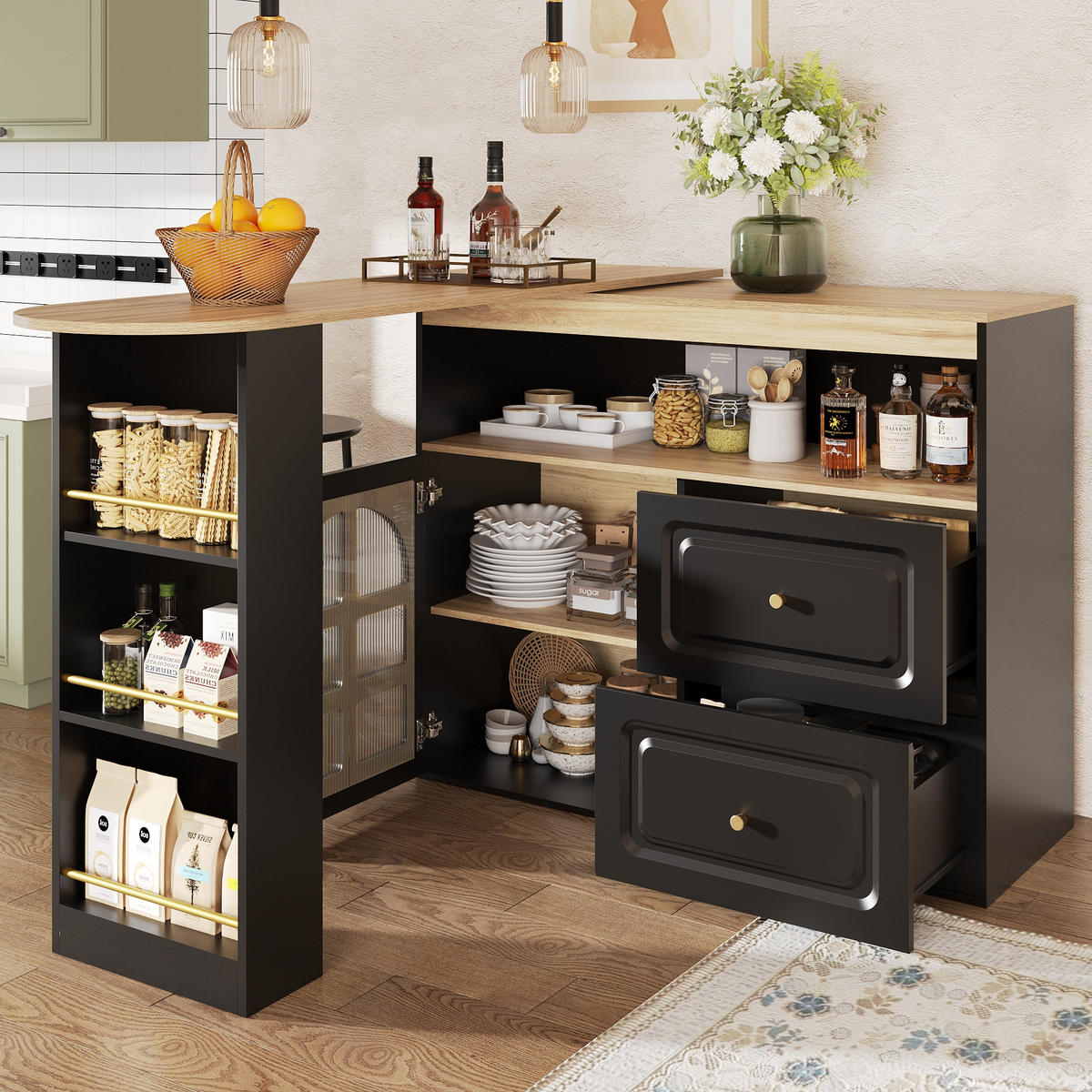 STEHTISCH 138-204x39x104cm Schwarz mit Snackregal & Drehfunktion - Schwarz, Holzwerkstoff (204/104/39cm) - Modfu