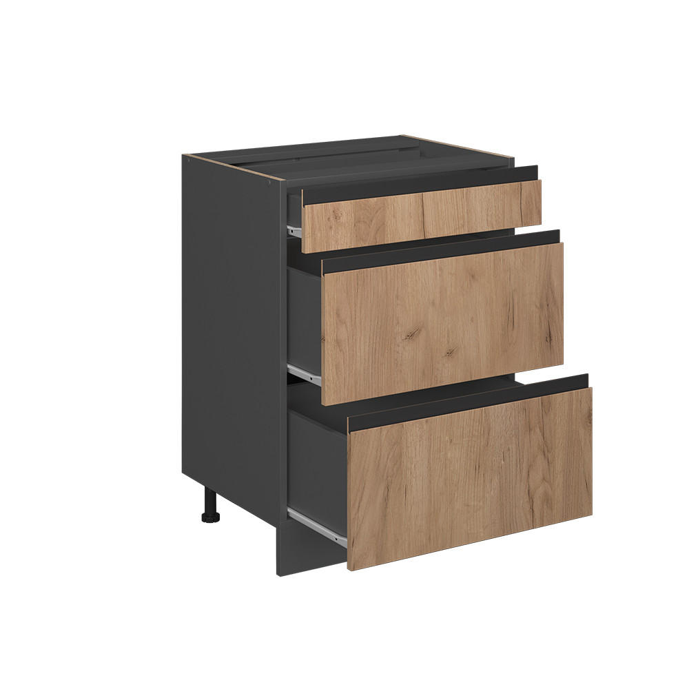 KÜCHENUNTERSCHRANK R-Line Goldkraft Eiche 60 cm J-Shape mit Schubladen ohne AP - Anthrazit/Eiche Wotan, Holzwerkstoff (60/81.6/46cm) - Vicco