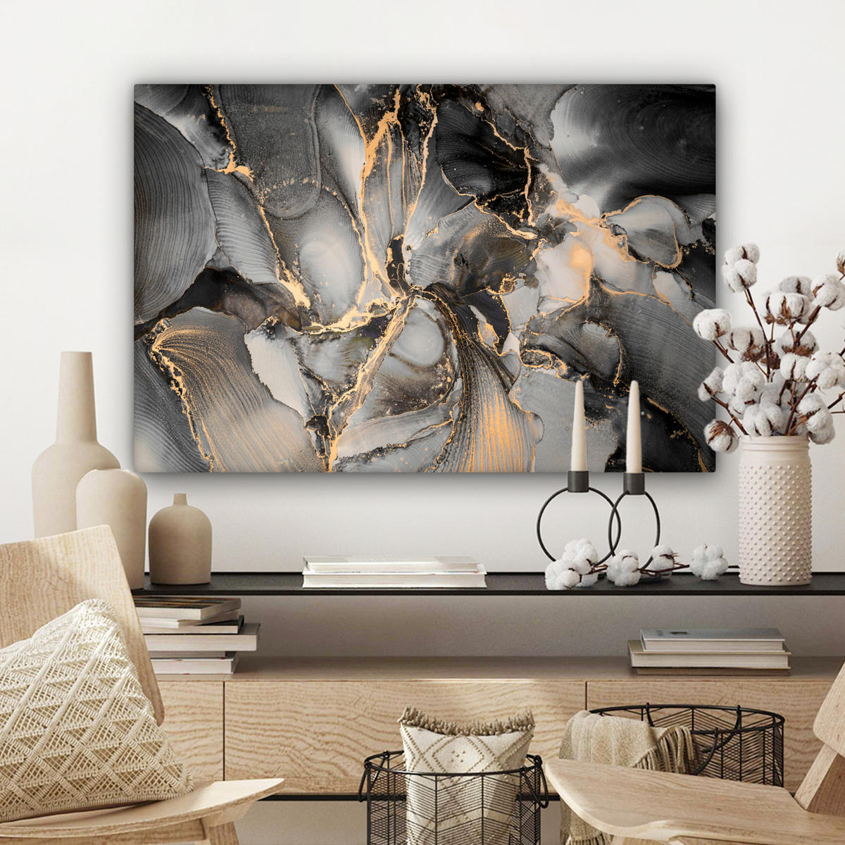 LEINWANDBILD Grau - Luxus - Gold - Marmor XXL 150x100 cm - Dunkelgrau, Textil (150/100cm) - MuchoWow