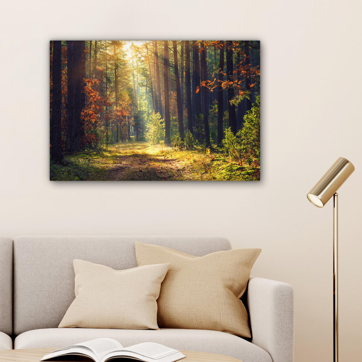 LEINWANDBILD Wald - Herbst - Bäume Gemälde 60x40 cm - Dunkelgrün, Textil (60/40cm) - MuchoWow