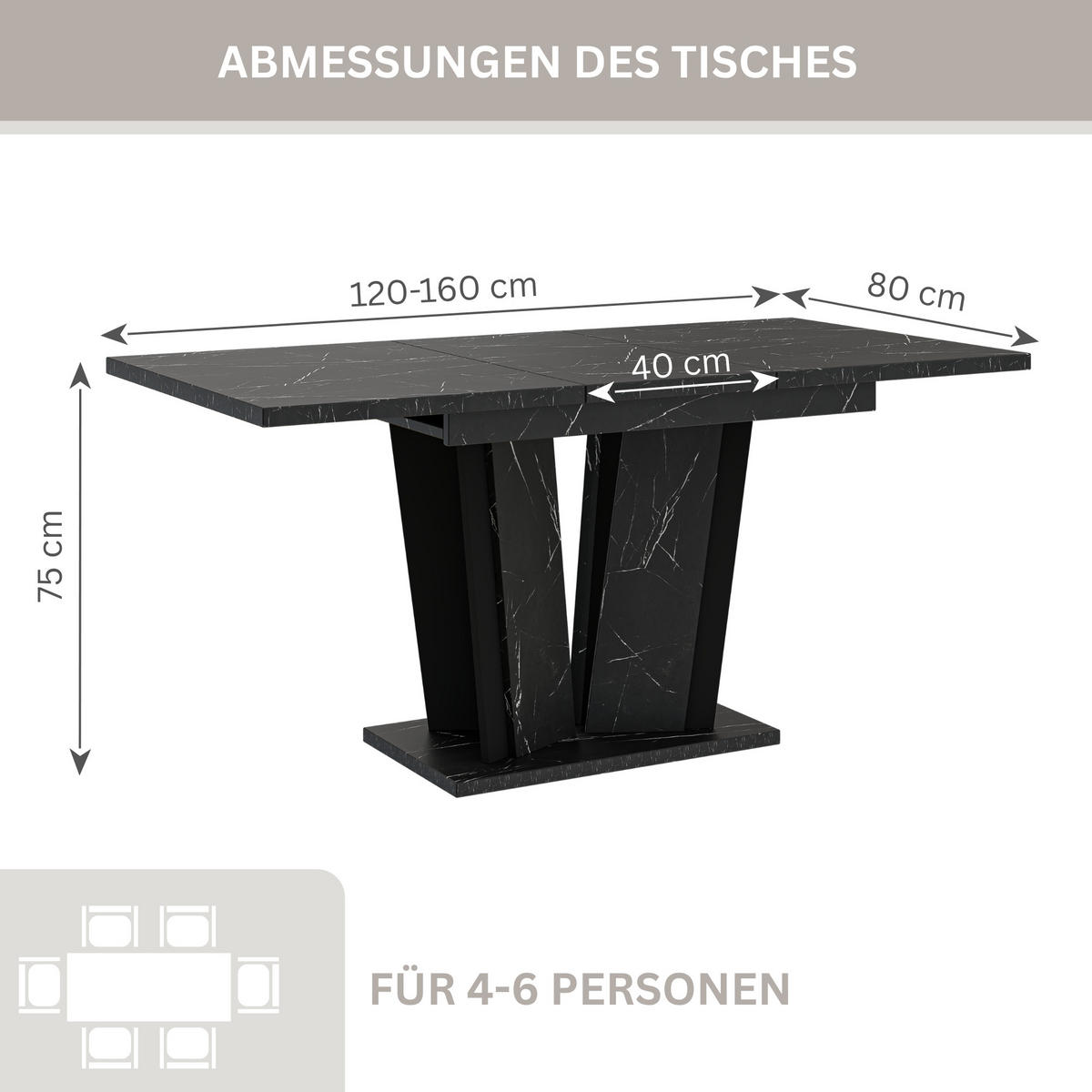 ESSTISCH Ausziehbar 120-160 cm Schwarz Marmor-Optik - Schwarz, Holzwerkstoff (160/80/75cm) - Home Collective