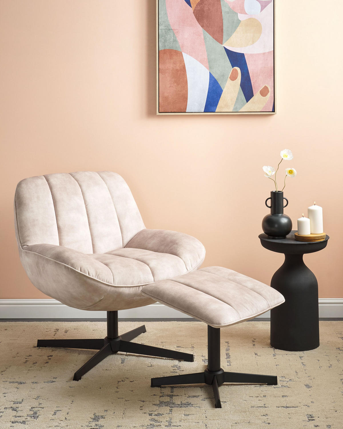 STUHL mit Fußhocker Beige Lia - Beige/Schwarz, Textil (71/79/80cm) - Beliani