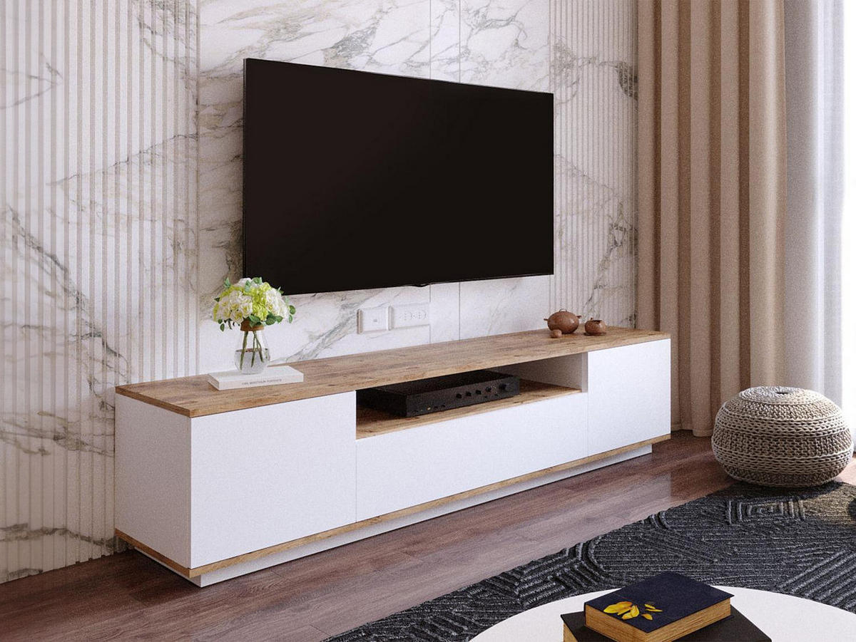 TV-MÖBEL mit 3 Türen & 1 Ablagefach - Weiß & Holzfarben - LOTULA - Naturfarben, Holz (44.5/44.6/180cm) - Vente-Unique