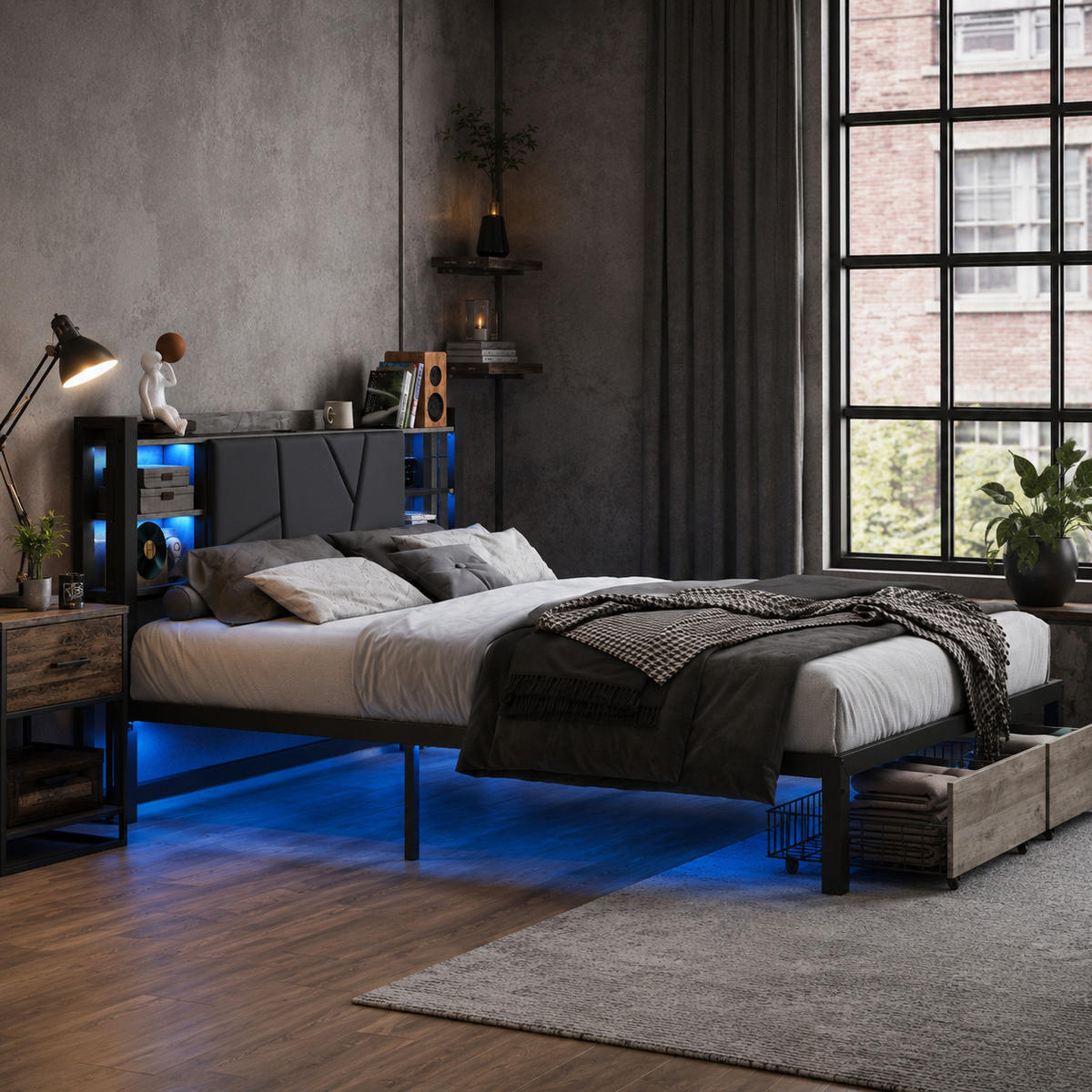 STAURAUMBETT 140/200 cm mit LED & USB-Kopfteil und Schubladen, modernes Metallbett - Schwarz, Holz/Metall (140/200cm) - Joyfair