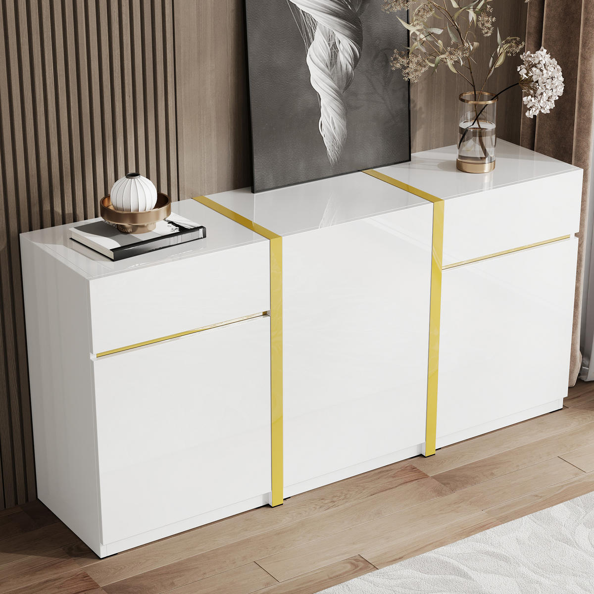 SIDEBOARD Hochglanz 3 Türen 2 Schubladen modern - Weiß, Holz (160/78/40cm) - LEBENLANG