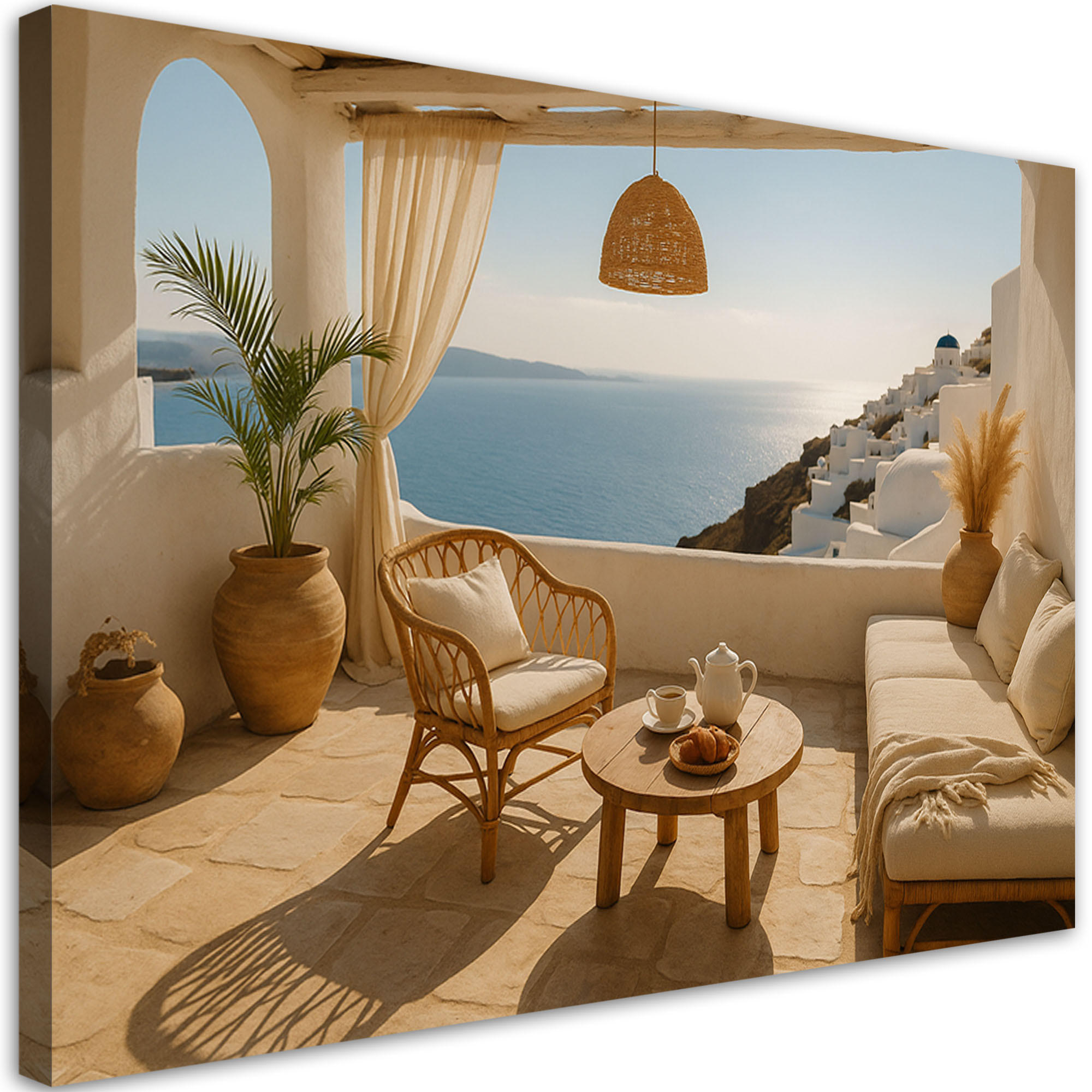LEINWANDBILD Blick von der Terrasse Santorini 100x70cm - Beige, Textil (100/70cm) - Feeby