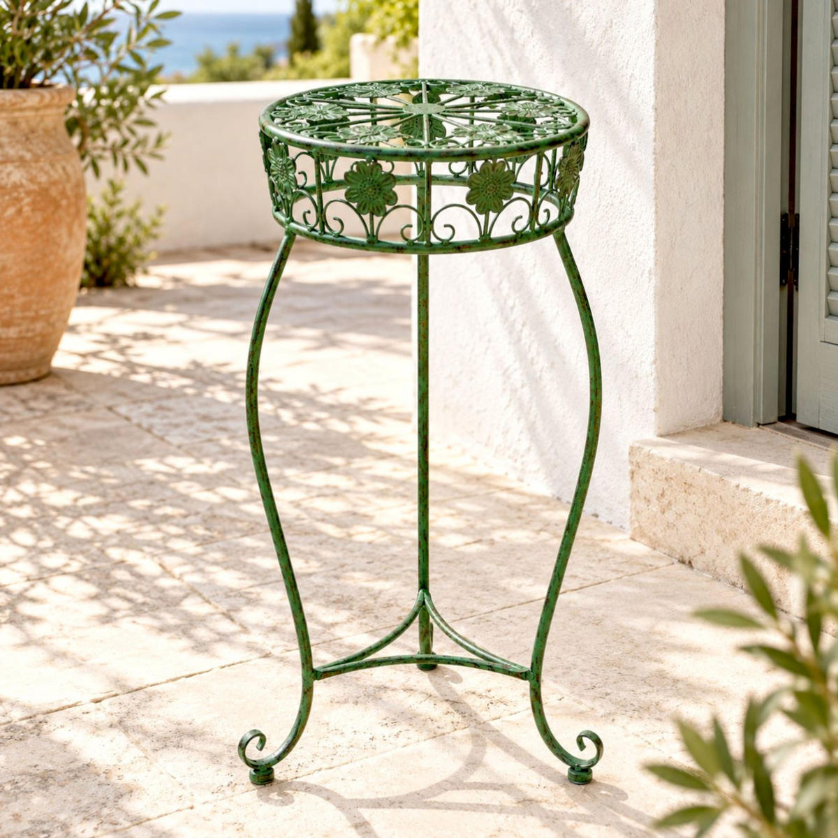 BLUMENHOCKER rund Metall Grün antik 30/30/60 cm - Grün, Metall (30/60/30cm) - DanDiBo