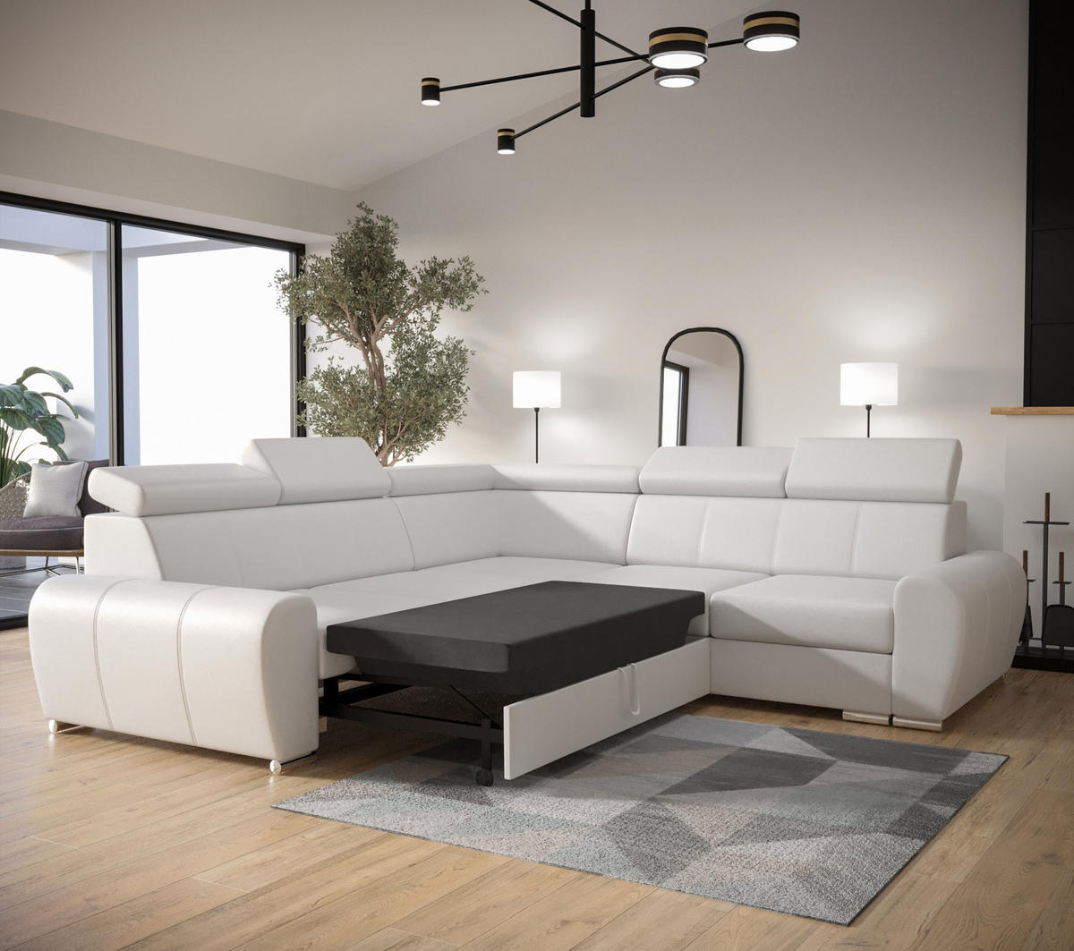 ECKSOFA APOLLO KN09, Eckcouch in L-Form mit Schlaffunktion, Farbe: Schwarz, Kunstleder, Ottomane Links - Dunkelgrau, Textil (255/255cm) - O-Sofa