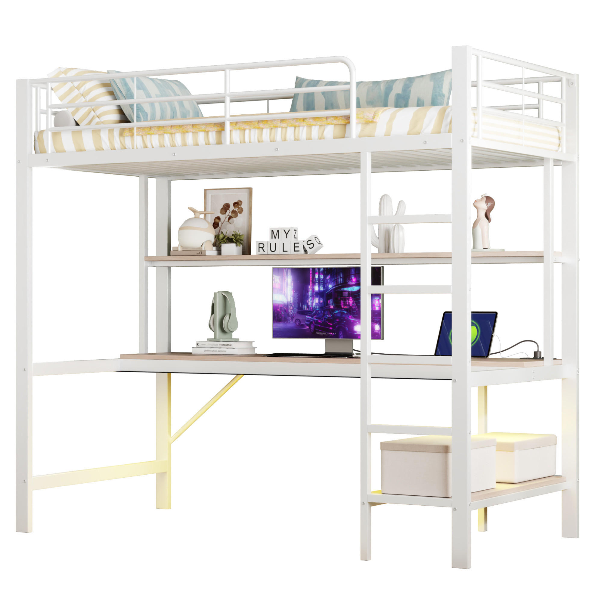 HOCHBETT 90/200 cm mit Geländer USB und LED-Beleuchtung Schreibtisch und Regalen mit Matratze - Weiß, Metall (90/200cm) - OKWISH