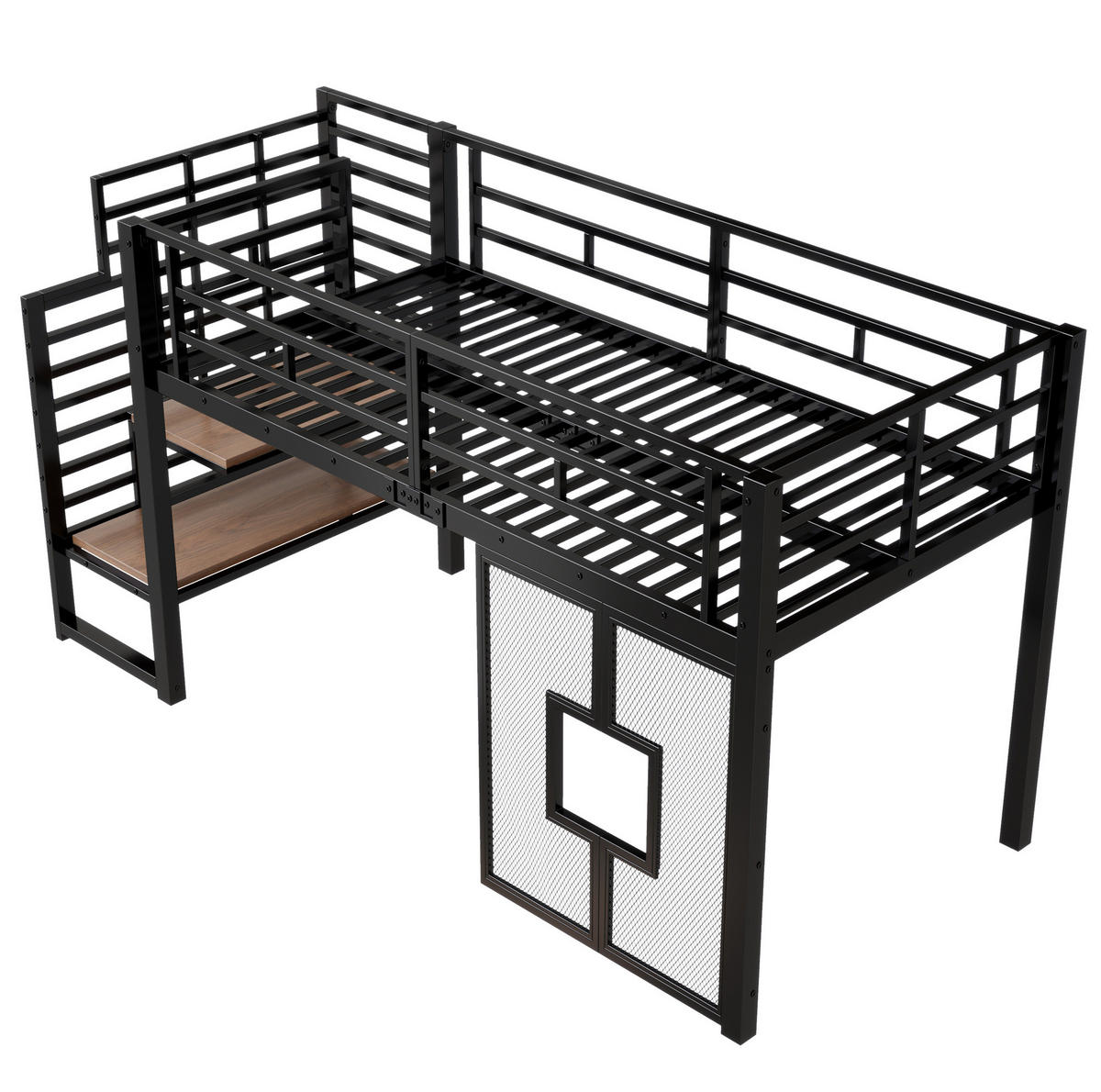 HOCHBETT 90x200 cm in Schwarz mit Stauraumtreppe, LED-Beleuchtung und Fenstern - Schwarz, Metall (90/200cm) - IVMEU