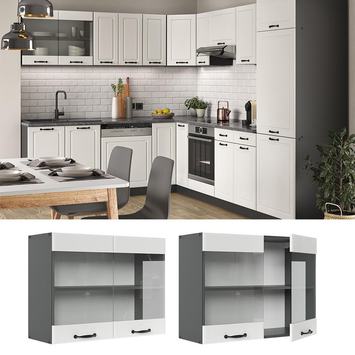 KÜCHENGLASSCHRANK R-Line Weiß Landhaus 80 cm - Anthrazit/Weiß, Holzwerkstoff (80/60/31cm) - Vicco
