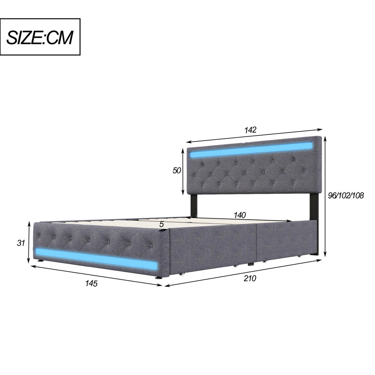 POLSTERBETT 140x200 cm mit LED und USB, Doppelbett mit Lattenrost und Kopfteil, Bett 140x200, Leinenstoff, Grau - Grau, Holzwerkstoff/Textil (140/200cm) - GENKI LIVING