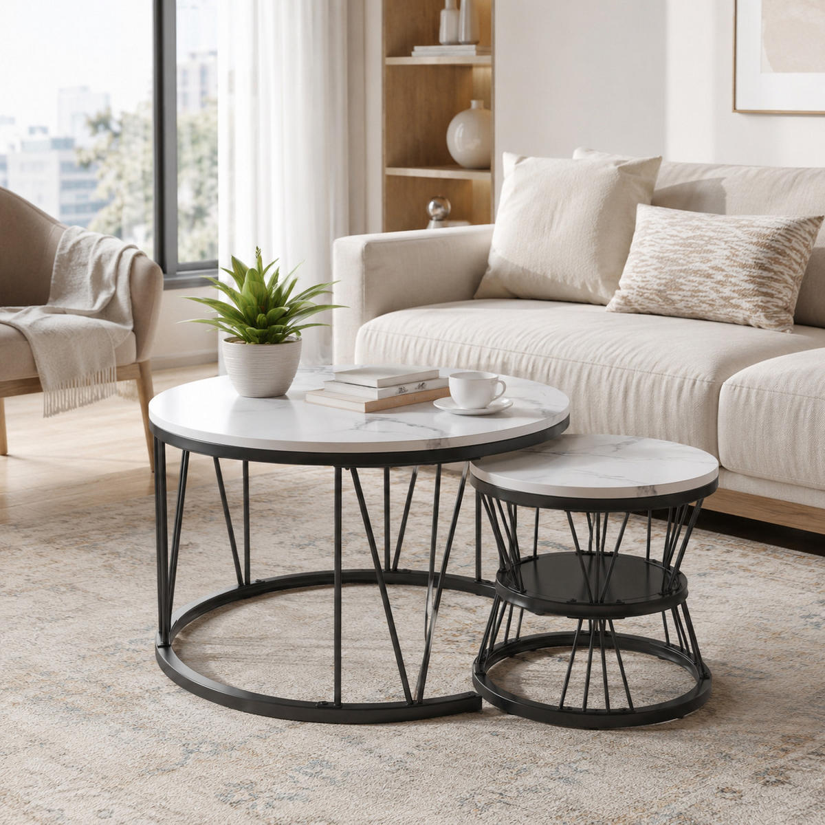 COUCHTISCH-SET mit geometrischem Metallrahmen, elegantes Design, doppelschichtig - Schwarz, Metall (70/70/45cm) - Joyfair