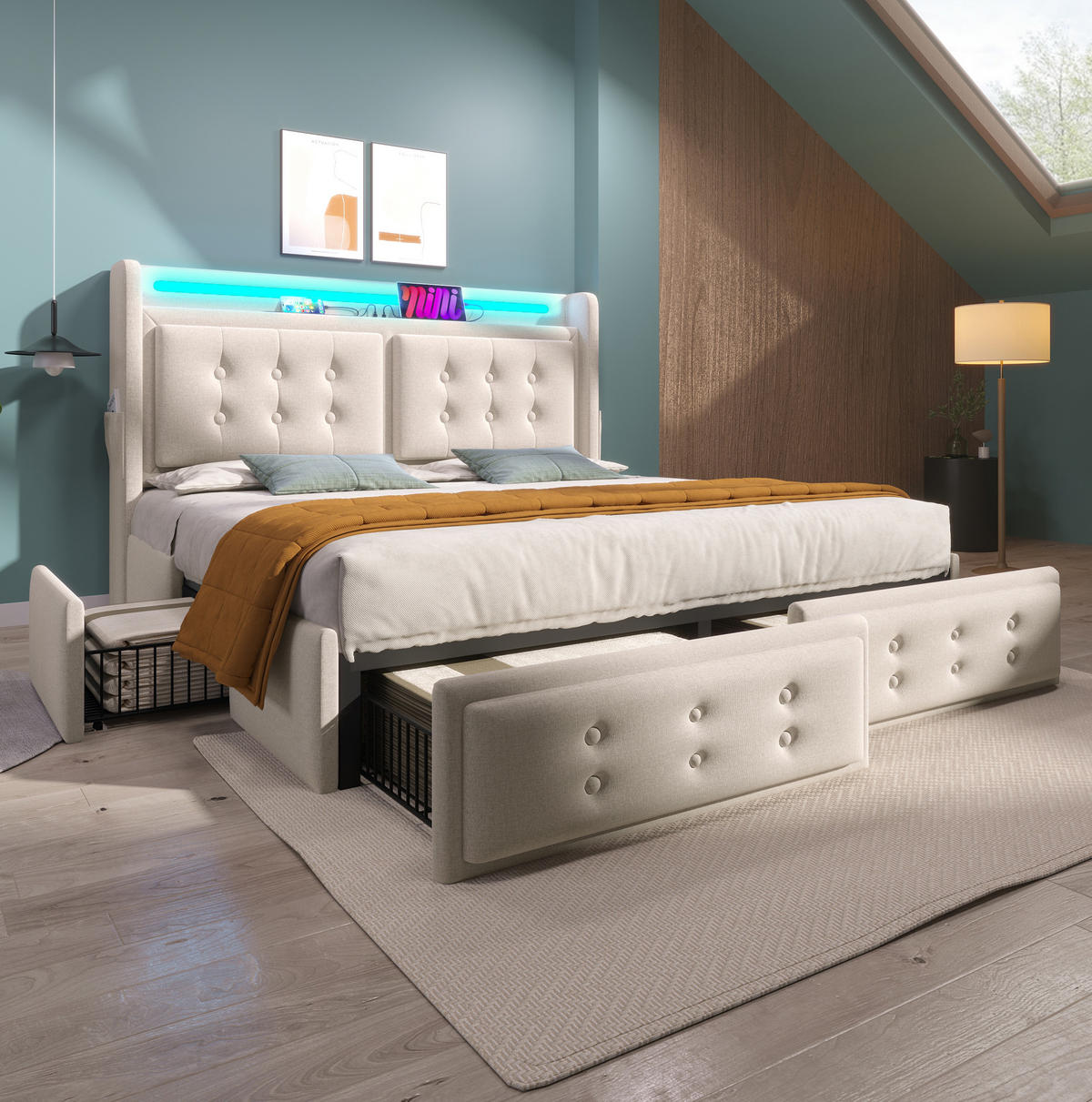 POLSTERBETT mit LED und USB 180x200 cm Beige mit 4 Schubladen - Beige, Metall (180/200cm) - Meubliv