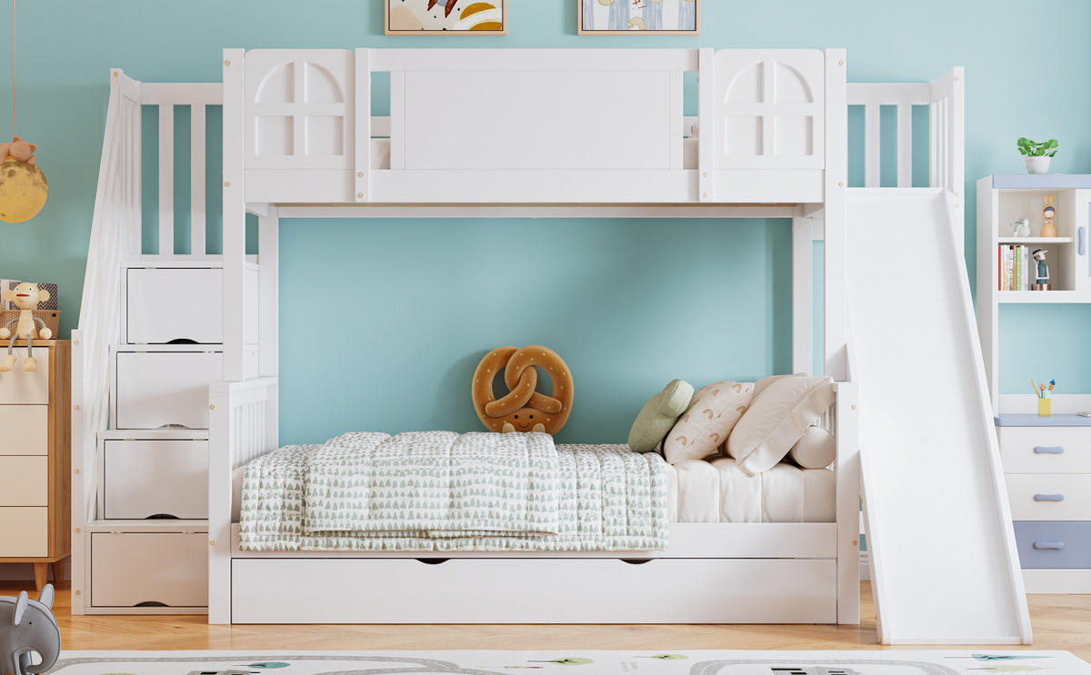 ETAGENBETT 90x200 cm Rutsche Treppe Stauraum - Weiß, Holz (90/200cm) - LEBENLANG