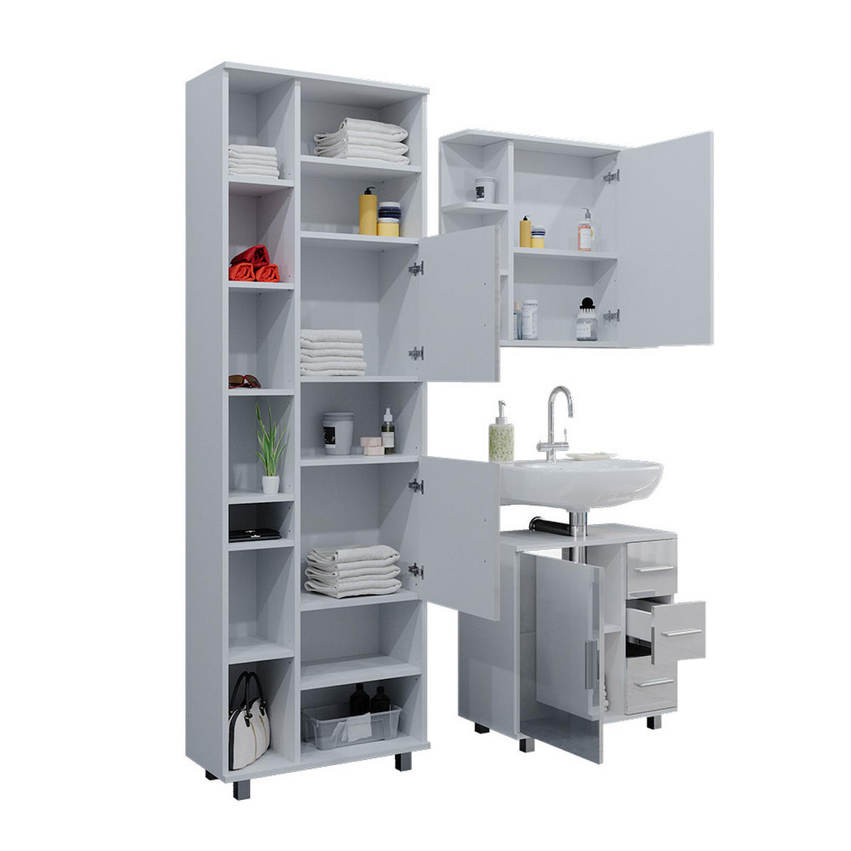 BADMÖBEL-SET Ilias Weiß Hochglanz 3 Teile, mit Hochschrank - Weiß Hochglanz/Weiß, Holzwerkstoff (60/60.8/33cm) - Vicco