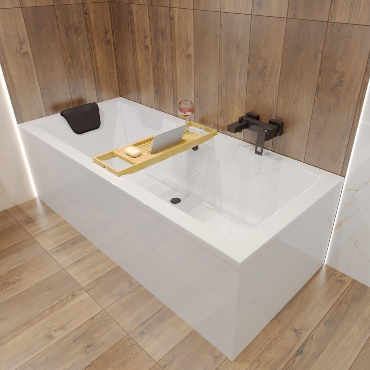 BADEWANNE Rechteck QUADRO 165/75 + Styro + Kopfstütze Ablauf Füße - Weiß, Kunststoff (75/55.5/160cm) - bad land