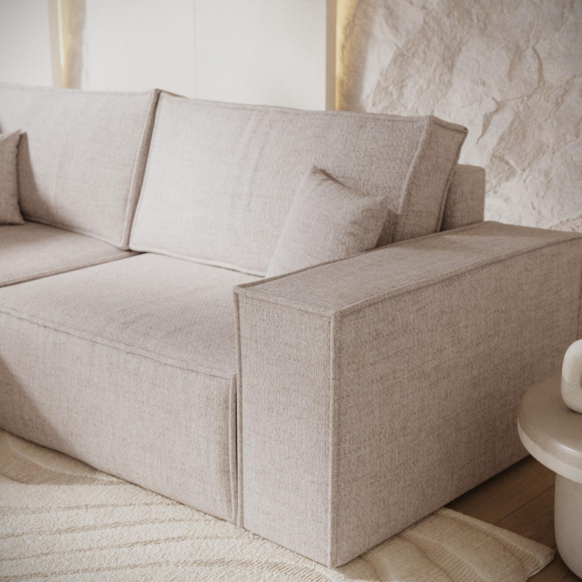 ECKSOFA AVION mit Schlaffunktion Hellbeige im Neve Stoff - Sandfarben/Schwarz, Holz/Holzwerkstoff (253/148cm) - AltaBeds