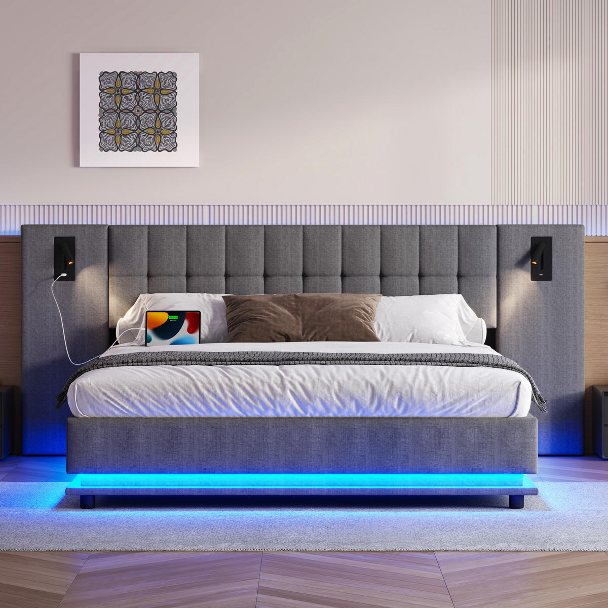 POLSTERBETT 180/200 cm Grau mit LED-Beleuchtung und USB-Anschluss aus Leinen - Grau, Textil (180/200cm) - OKWISH