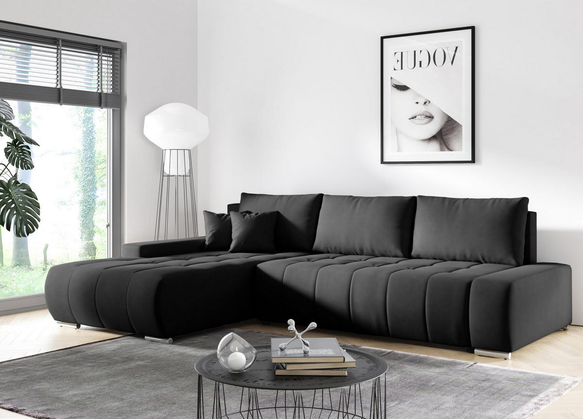 ECKSOFA mit Schlaffunktion Dhaka L, Schwarz - Schwarz, Textil (185/265cm) - Fedve
