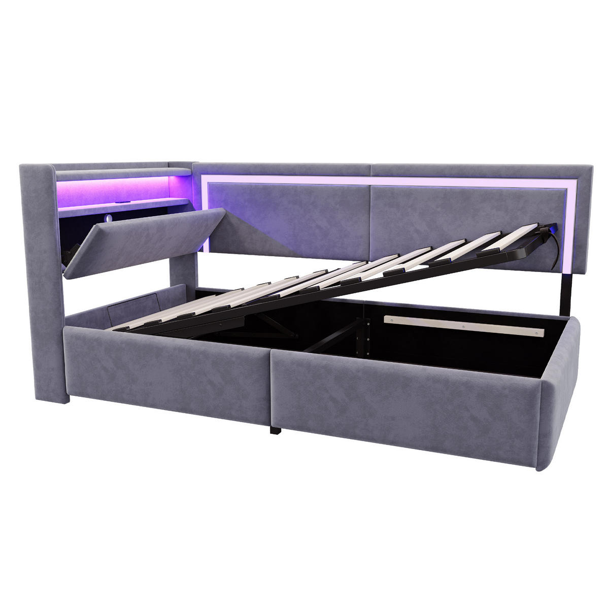 ČALÚNENÁ posteľ 90x200 cm zo zamatu sivá s LED osvetlením, USB portom a hydraulickým úložným priestorom - sivá, textil (90/200cm) - Modfu