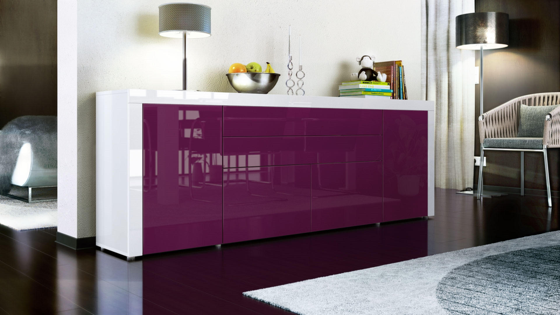 SIDEBOARD La Paz Brombeer Hochglanz / Weiß Hochglanz - Brombeere, Holzwerkstoff (200/72/35cm) - Vladon