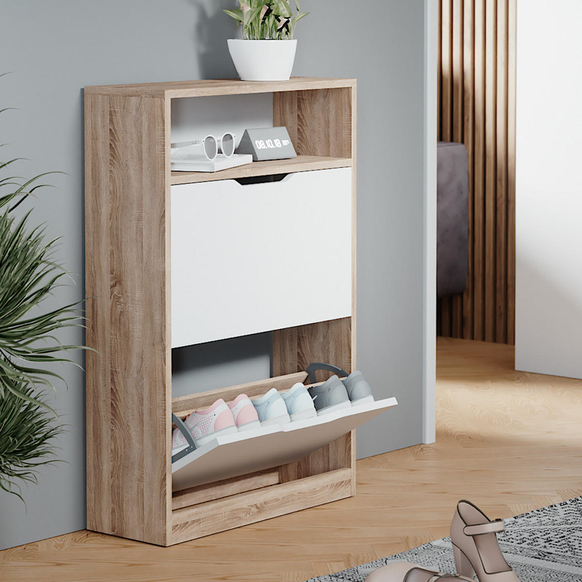 SCHUHKIPPER Luca Weiß/Sonoma 59 x 89.5 cm mit 2 Fächern - Sonoma Eiche, Holzwerkstoff (59/89.5/22cm) - Vicco