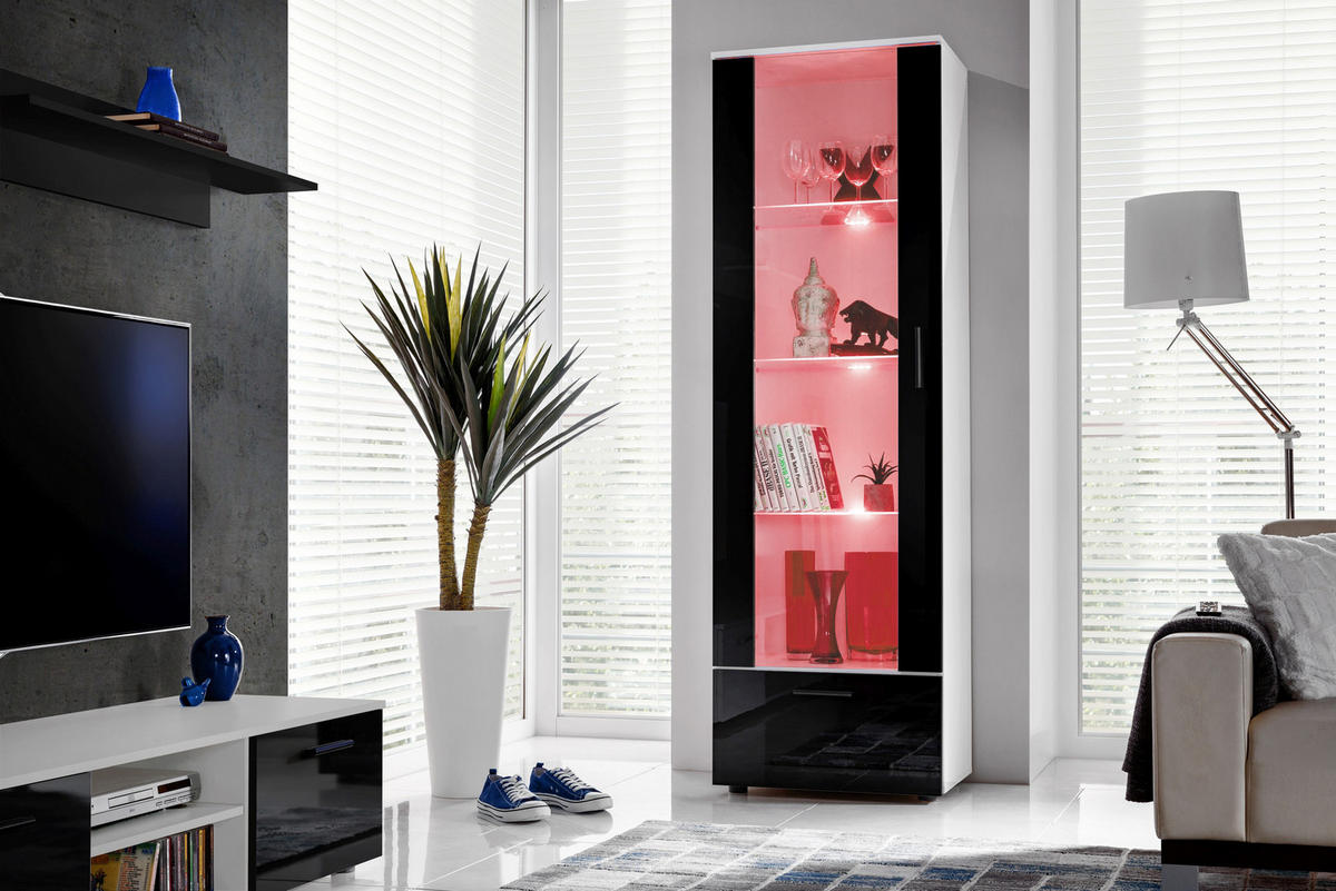 VITRINE ALESSANDRIA, Schwarz, LED Mehrfarbige - Schwarz/Weiß, Glas/Holzwerkstoff (60/192/42cm) - Komodee