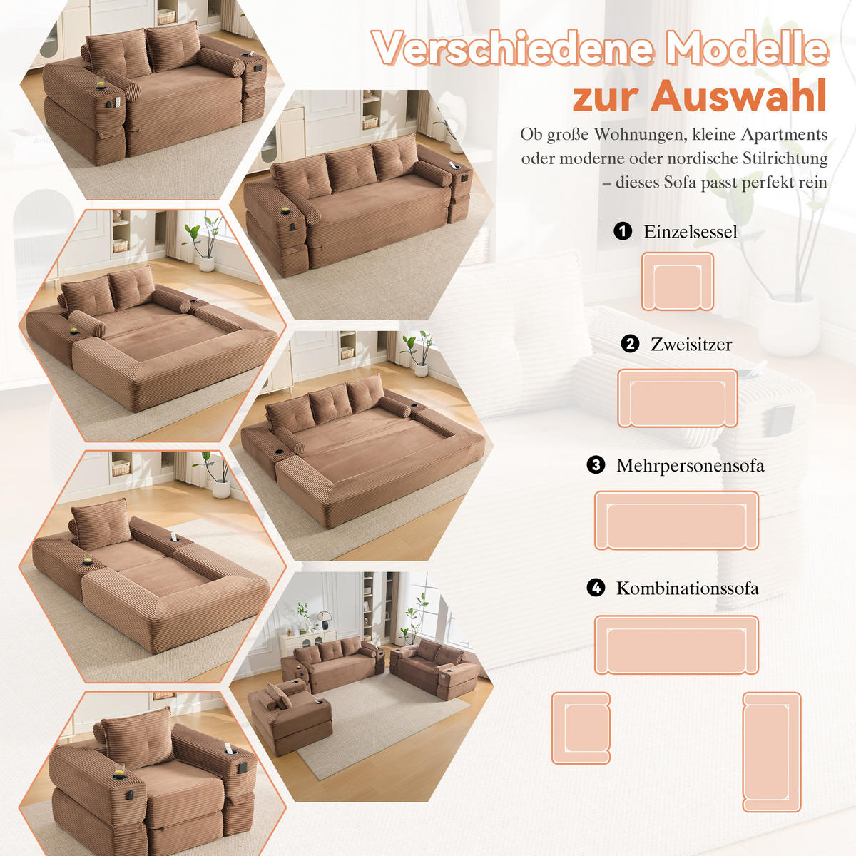 SCHLAFSOFA mit Cordbezug, Memory-Kissen, Getränkehalter und Seitentaschen - Braun, Textil (180/80/98cm) - EVRYAE