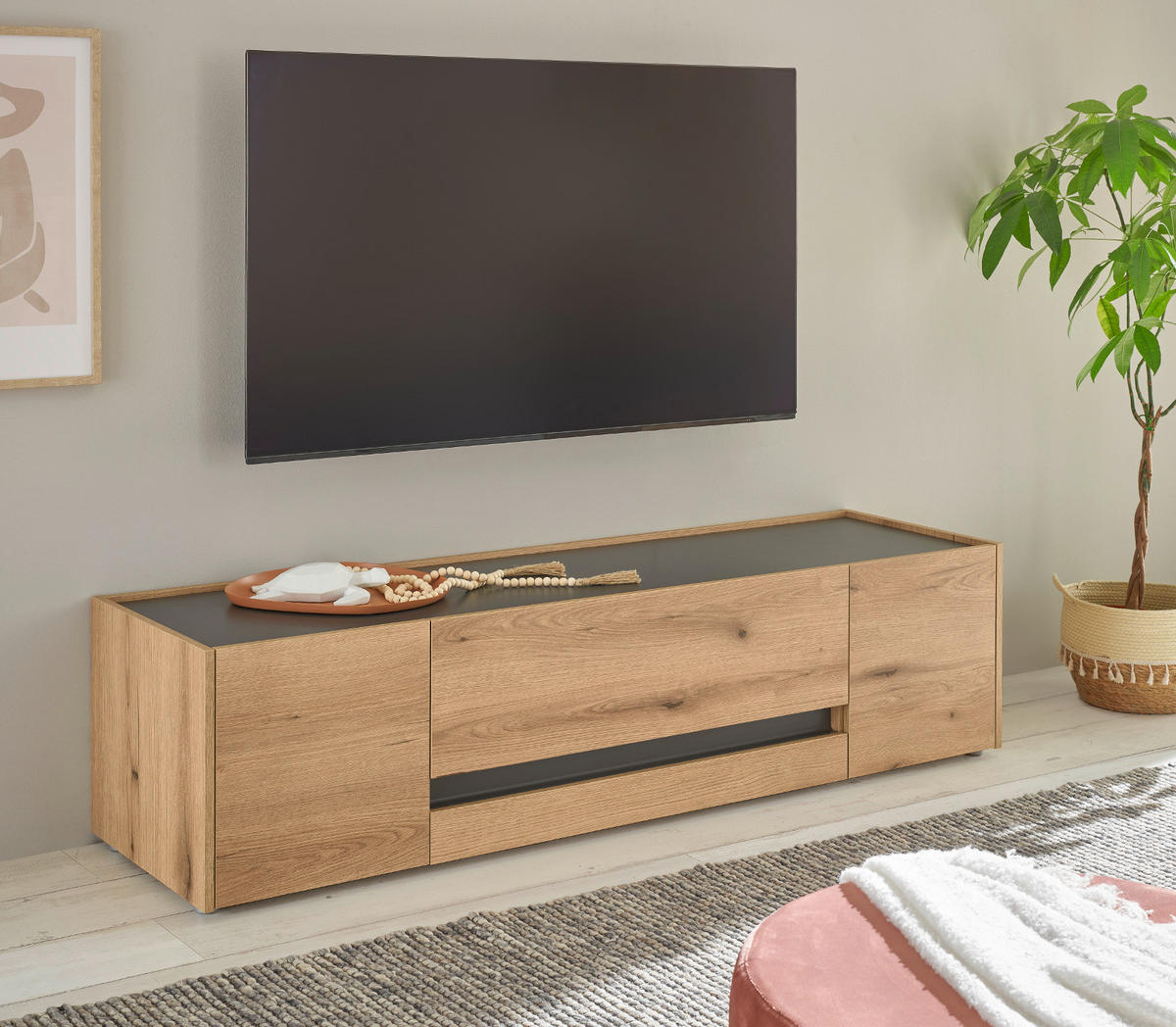 TV-LOWBOARD Eiche Evoke, grau 170 cm, Fernsehtisch mit viel Stauraum - Eichefarben/Schwarz, Holz/Holzwerkstoff (170/40/45cm) - Furn.Design