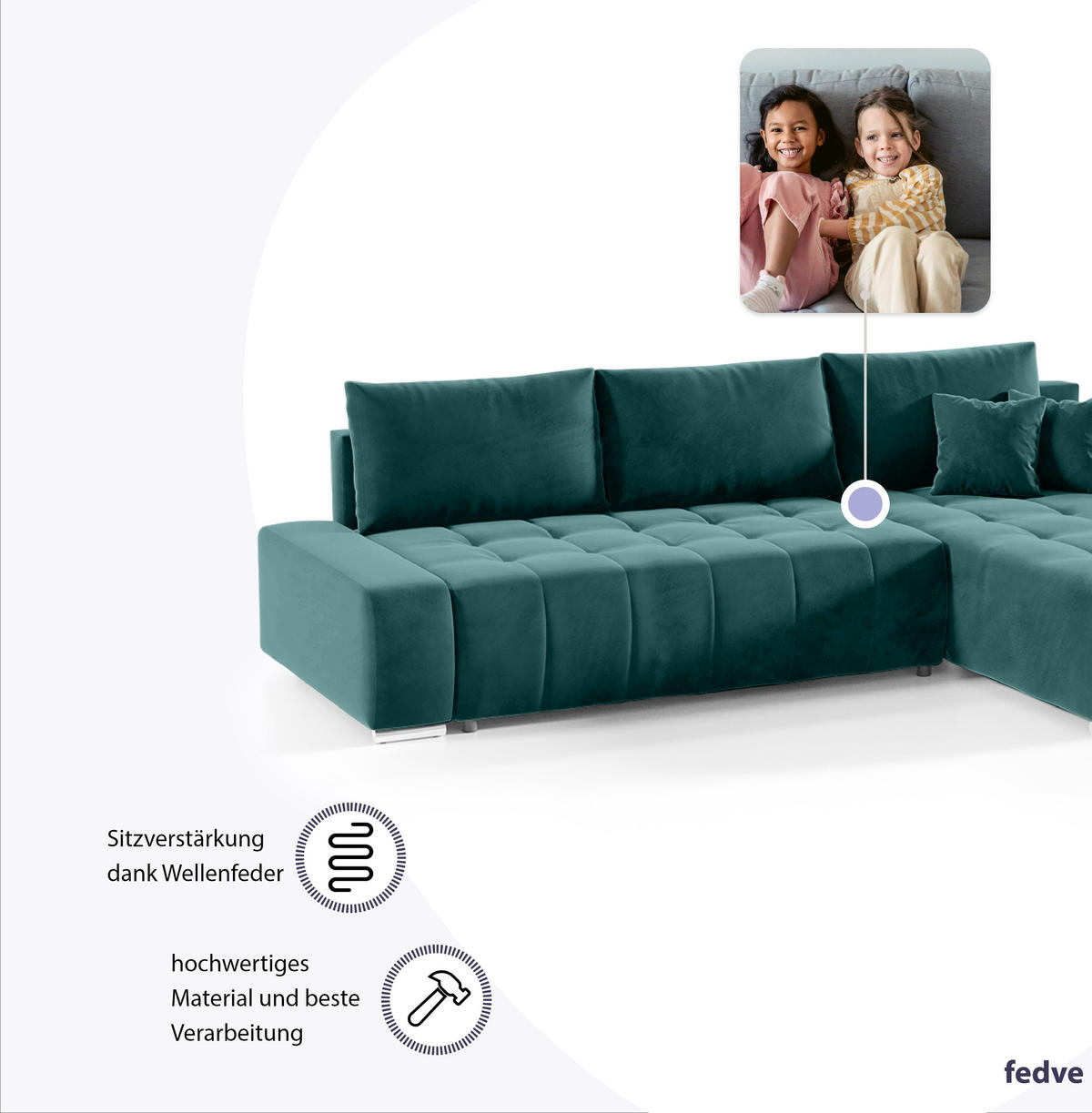 ECKSOFA mit Schlaffunktion Dhaka L, Flaschengrün - Grün, Textil (185/265cm) - Fedve