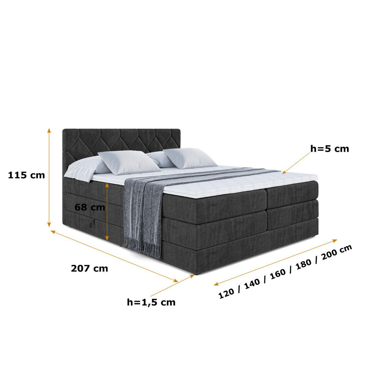 BOXSPRINGBETT CATOR KING - 140x200 - H3/H4 - Schwarz - Schwarz, Holzwerkstoff (140/200cm) - ALTDECOR
