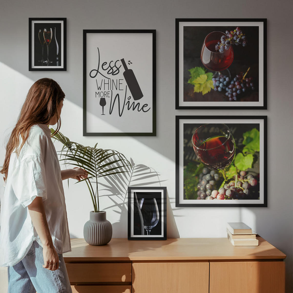 WANDBILDER 5er-Set - 50x50 cm & 20x30 cm & 40x60 cm Schwarzer Rahmen - Weingläser mit Trauben und Inschrift - Schwarz, Kunststoff (40/60cm) - ArtPrintCave