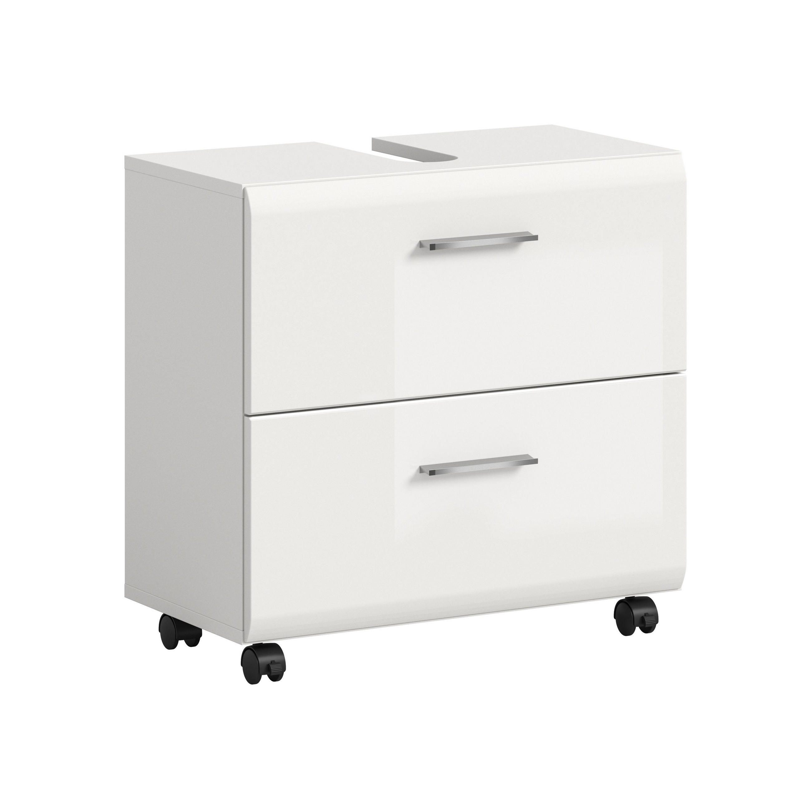WASCHBECKENUNTERSCHRANK auf Rollen ICE (B/H/T: ca. 60/58/30 cm) in Weiß/weiß hochglanz - Weiß, Holzwerkstoff (60/58/30cm)