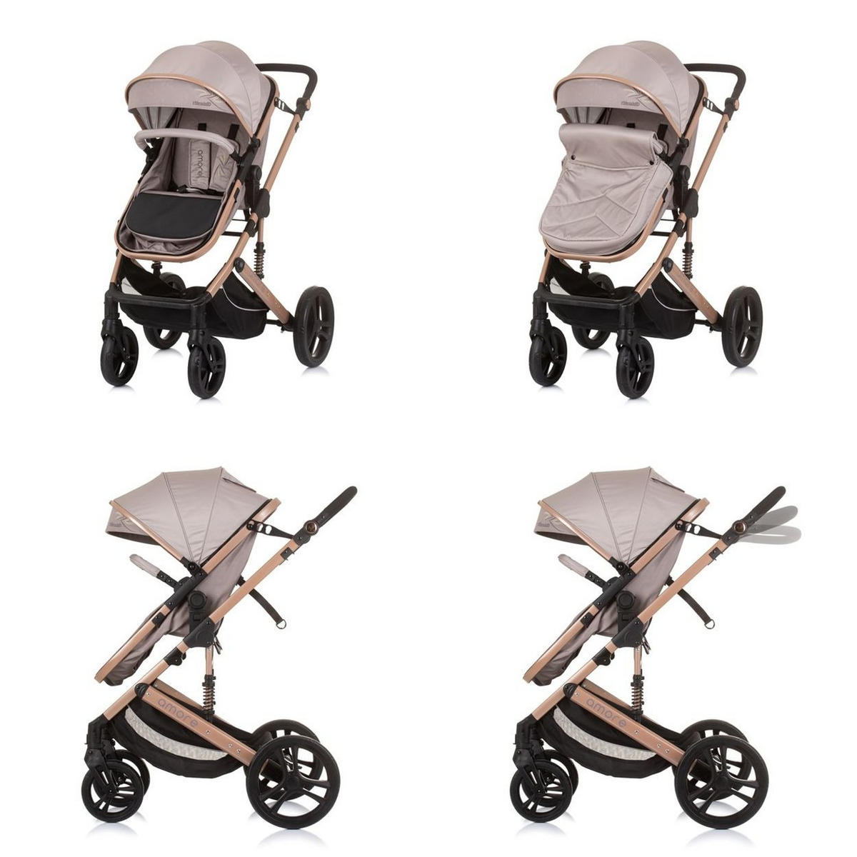 KOMBIKINDERWAGEN 2 in 1 Amore beige Getränkehalter Wickeltasche Fußabdeckung Korb - Beige, Metall (95/63/105cm) - Chipolino