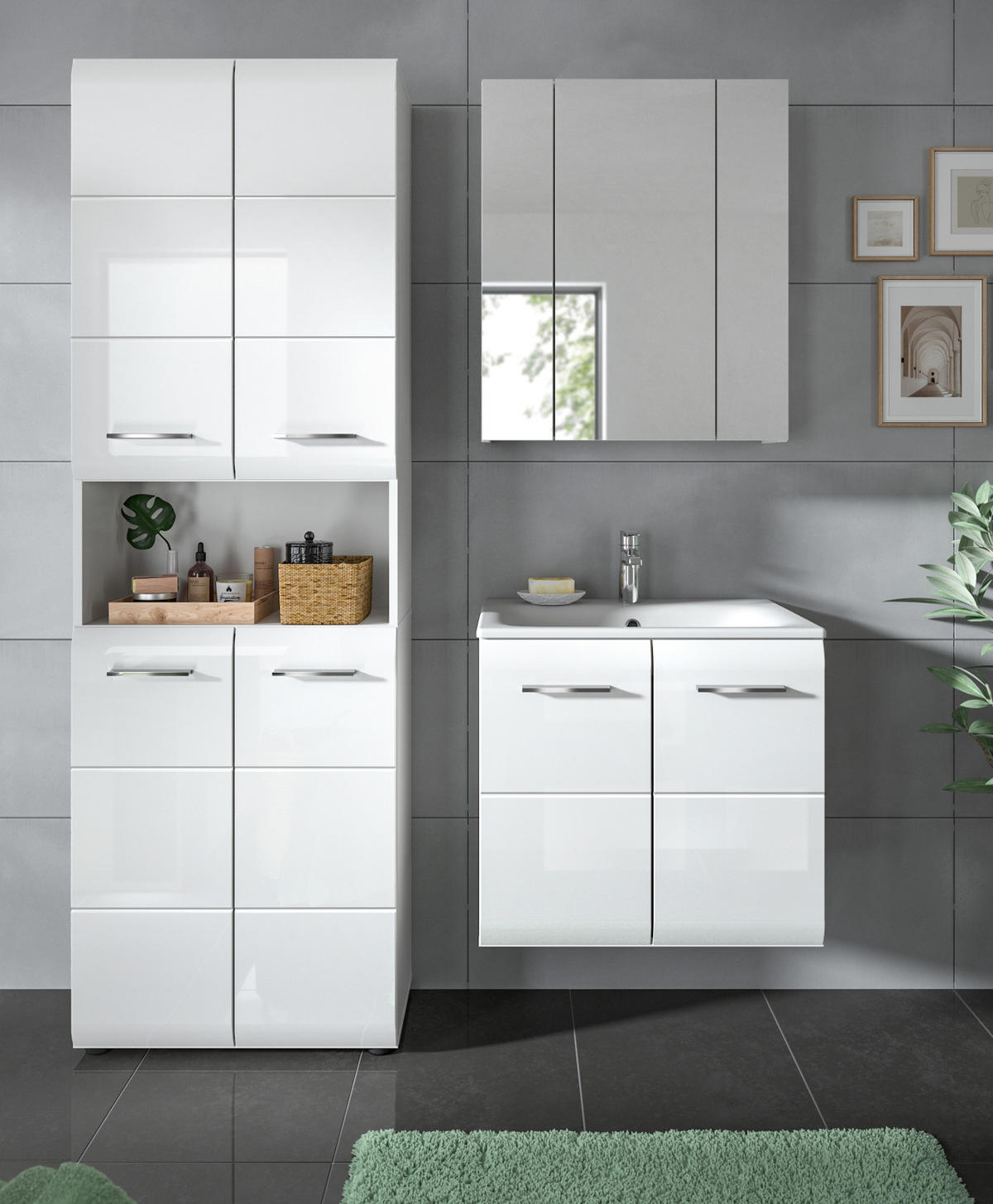 BADMÖBEL-SET 2-teilig weiß Hochglanz, Kombination inklusive Waschbecken 60 cm - Weiß Hochglanz/Silberfarben, Glas/Keramik (60/185/46cm) - Inn.Furn