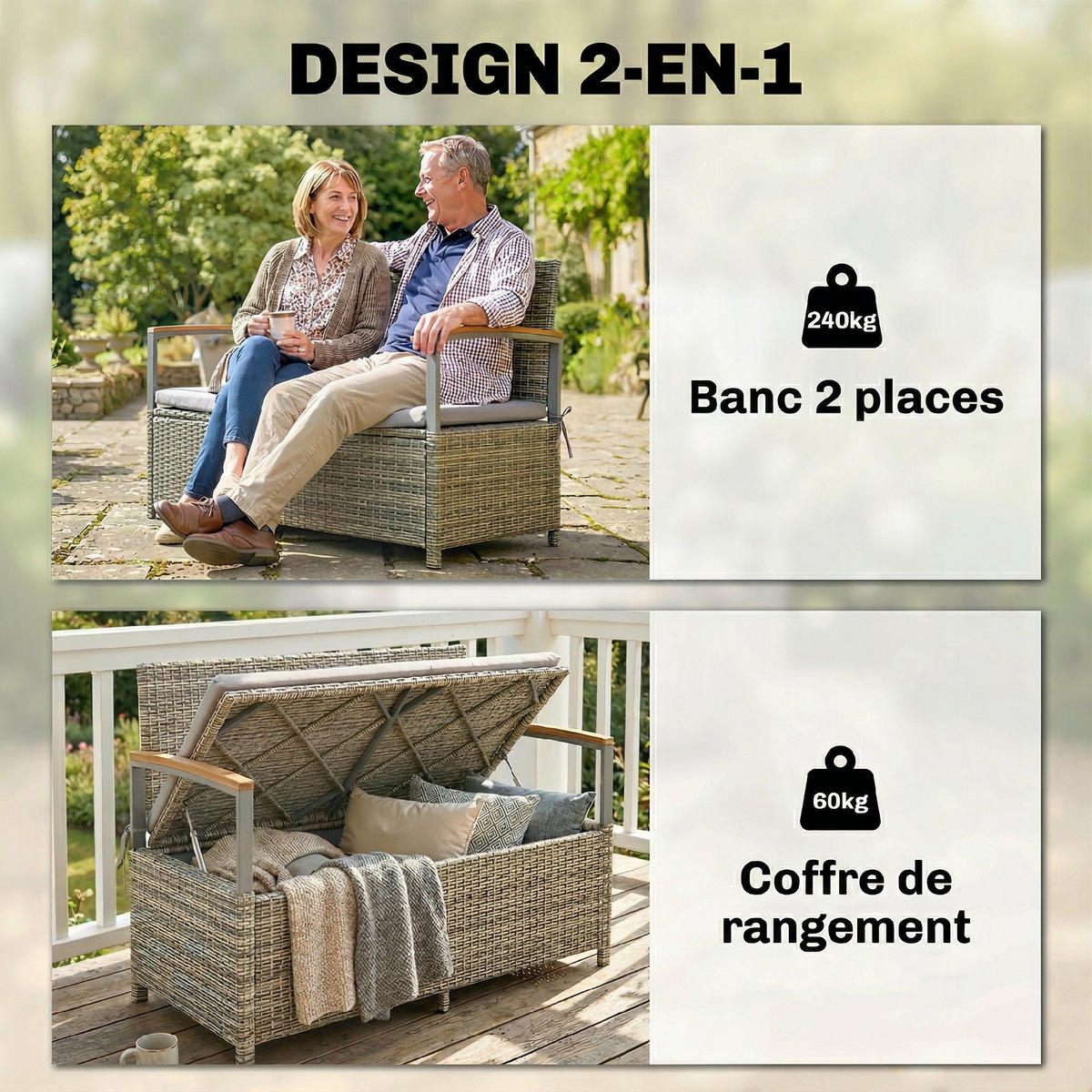 GARTENBANK mit staufach DE-13692 170 Liter Grau - Hellgrau, Holz (120/84/60cm) - ComfortXL