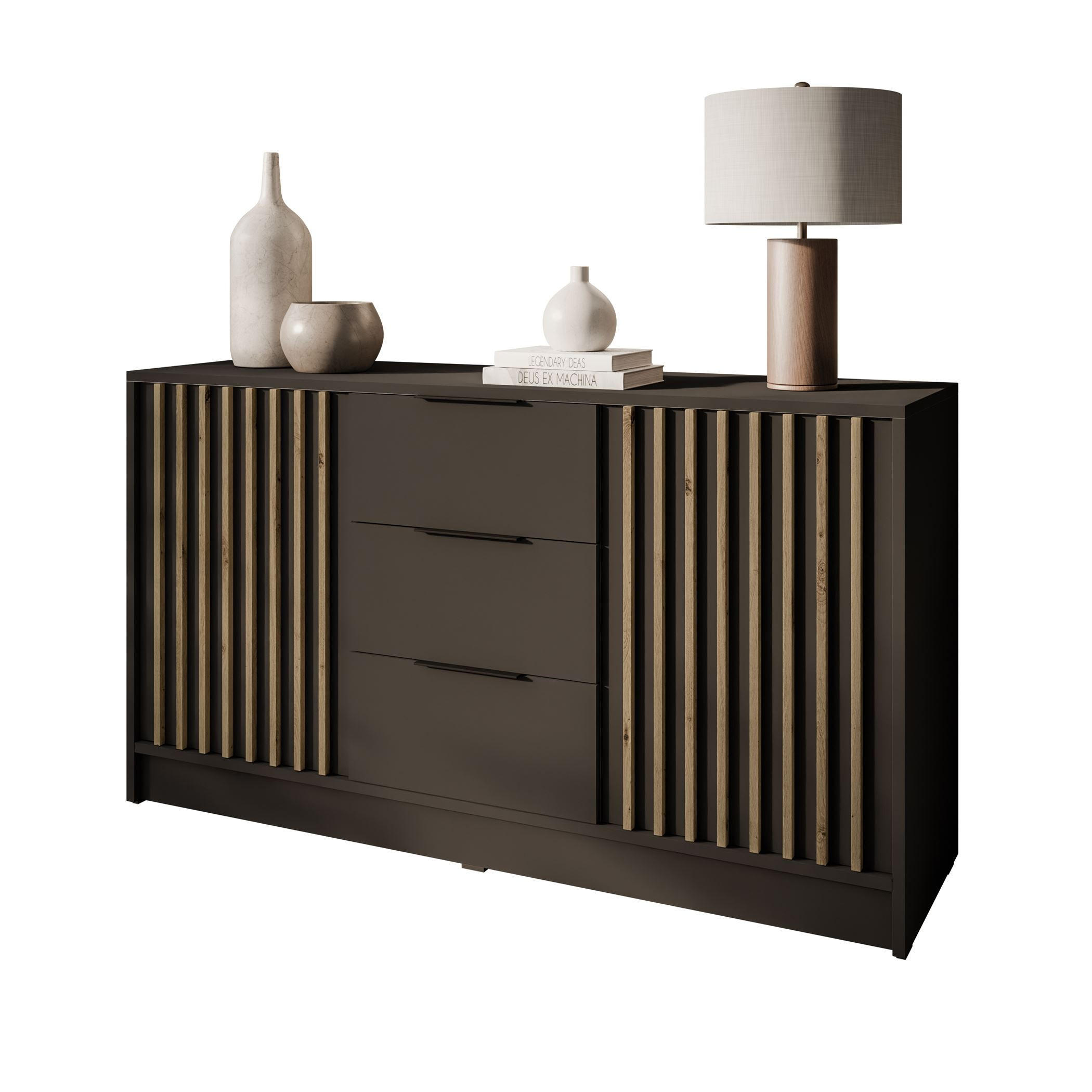 KOMMODE NELA, zweitürig mit Lamellen, Graphit/Artisan - Graphitfarben, Holzwerkstoff (155/86/45cm) - Lookway