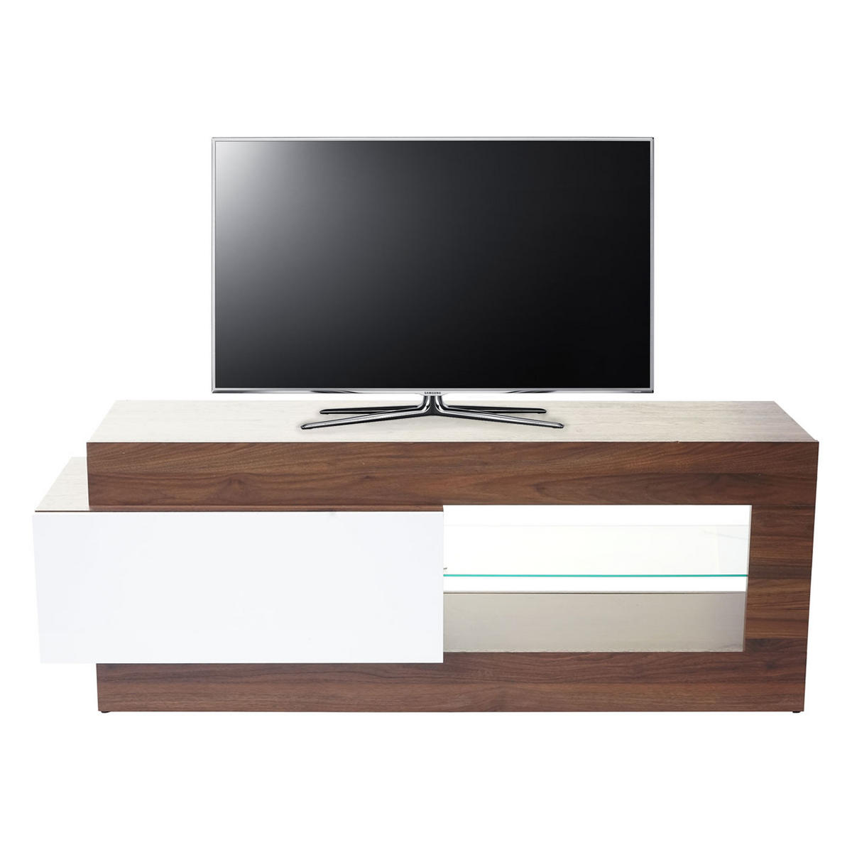 TV-RACK Walnuss Dekor, Hochglanz Reinweiß - Weiß Hochglanz/Walnussfarben, Holzwerkstoff (150/55/47cm) - MCW