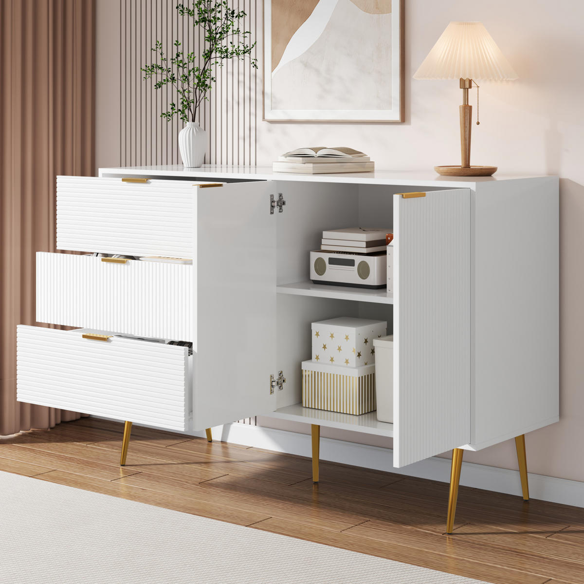 SIDEBOARD 120/38/80.5 cm Weiß/Gold aus MDF mit 3 Schubladen und 2 Türen - Weiß, Holzwerkstoff (38/80.5/120cm) - OKMYHOME