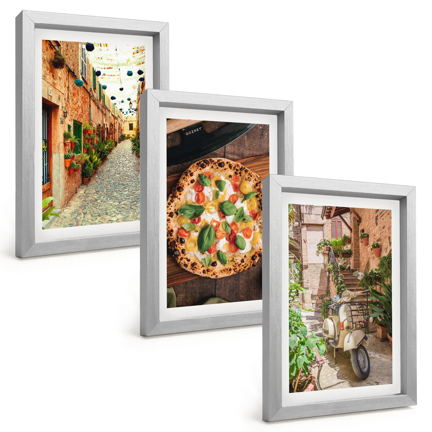 BILDER SET 3er Set - 20x30 cm Silberner Rahmen - Charmante Straßen mit Pizza - Silberfarben, Kunststoff (20/30cm) - TULUP