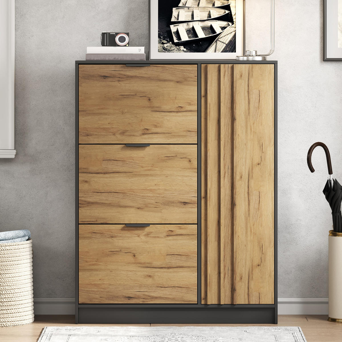 SCHUHSCHRANK Naturholzfarbe und Schwarz 100/30/130 cm - Naturfarben, Holzwerkstoff (100/130/30cm) - PANGIVO