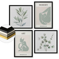 WANDBILDER 4er-Set - 50x50 cm & 40x60 cm Schwarzer Rahmen - Pflanzenmotive, zartes Grün - Schwarz, Kunststoff (50/50cm) - ArtPrintCave